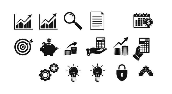 A set of black and white vector icons representing business and finance concepts