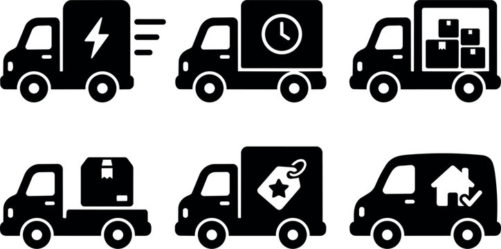 Black and white delivery truck icons showing electric fast shipping timed boxes and home delivery