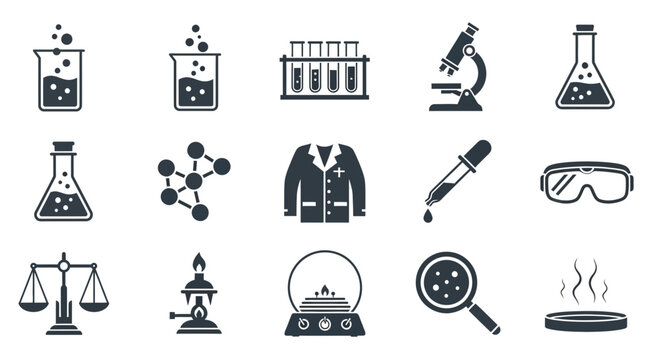 A set of science icons including laboratory equipment and a lab coat on a white background