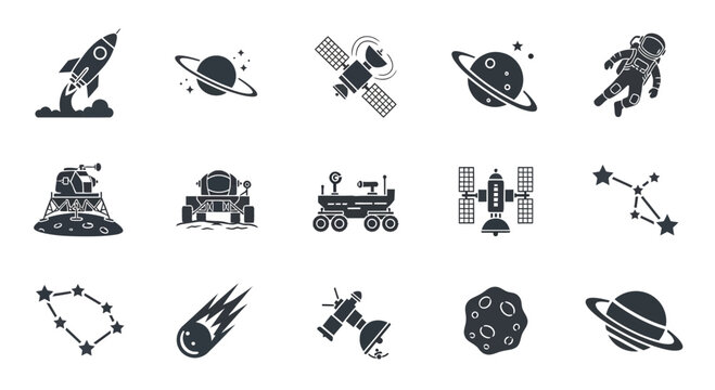 A set of black and white vector icons depicting various space-related objects and symbols