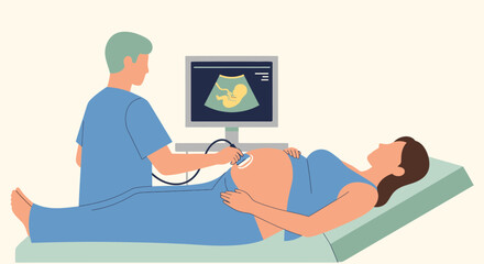 Obraz premium Doctor performs ultrasound on pregnant woman, showing baby on screen