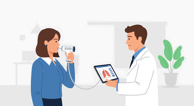 Doctor performs lung function test on woman using spirometer and tablet