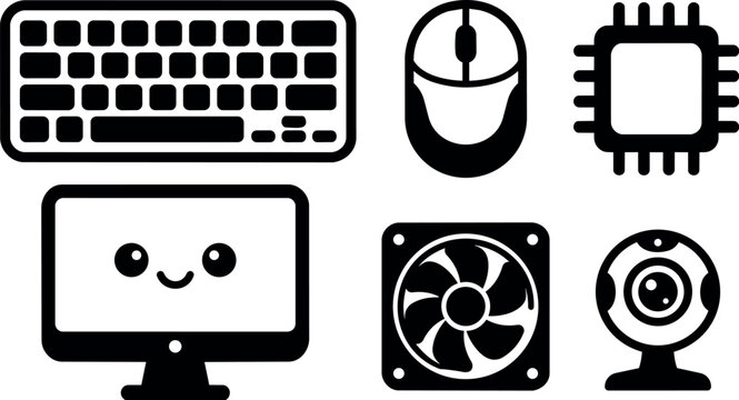 Black and white computer components keyboard mouse monitor webcam fan chip vector art