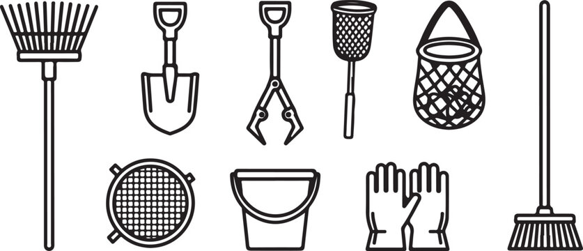 A collection of tools and utensils including brooms and cooking items Vector