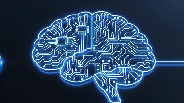 A glowing blue outline of a human brain, depicted as a complex circuit board with integrated chips, symbolizing artificial intelligence and advanced