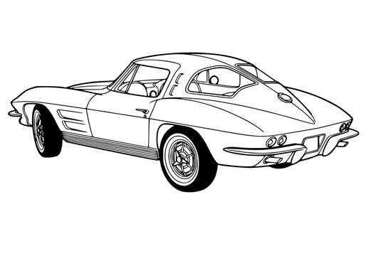 Classic Retro Sports Car with Split Rear Window Illustration Vintage Coupe Line Art