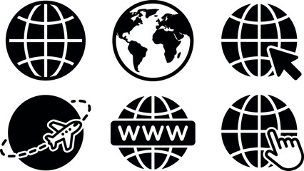 Fototapeta premium Black and white globe and internet icons with airplane and cursor symbols