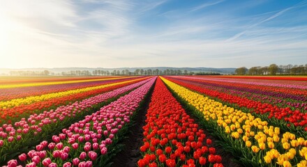 Fototapeta premium Vibrant Tulip Field Under Blue Sky.