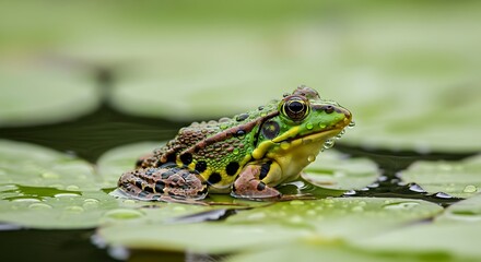 Obraz premium Vibrant green frog sits on lily pads, speckled with rain, in shallow, dark water