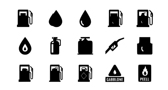 Modern fuel icon set with geometric petrol pump oil gas symbols and gasoline logo collection