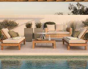 Fototapeta premium Outdoor patio furniture set with lounge chairs and sofa by the pool