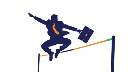 Naklejka premium Determined businessman silhouette leaping over a high jump hurdle while carrying a briefcase to symbolize overcoming business challenges.