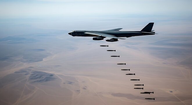 A B-52 Stratofortress bomber aircraft releases a long string of bombs over a vast desert landscape from high altitude.