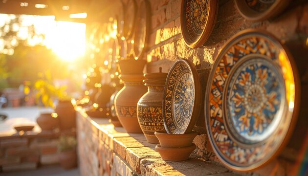 Ceramic pottery display with sunlight