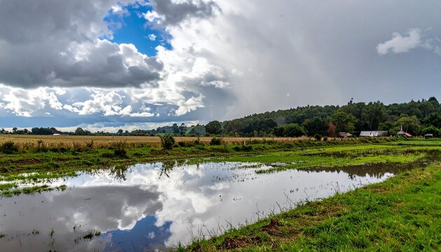 Cloudy landscape reflection over wetlands