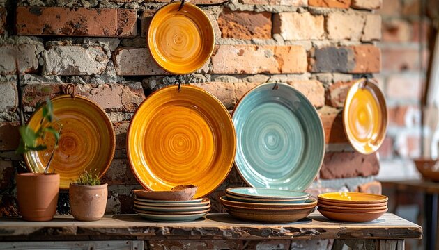 Colorful ceramic plates displayed on shelf