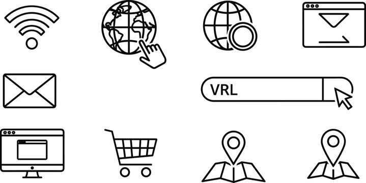 Set of 10 Flat Minimalist Line Icons Featuring Wi-Fi, Globe, VRL Button, Email, Shopping Cart, and Map Location Pins, Perfect for Web and Digital Design
