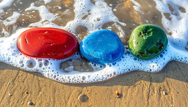Colorful smooth stones on a sandy beach