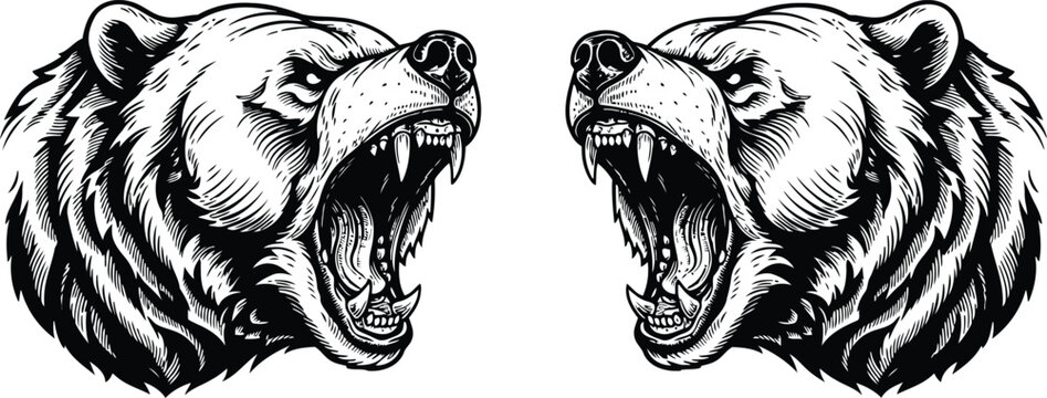Aggressive Grizzly Bear Heads in Detailed Engraving Style with Open Mouths