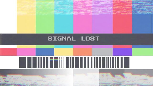 Television broadcast signal lost, displaying a test pattern with technical error and digital interference on a screen