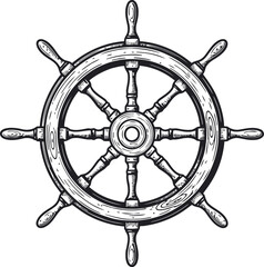 Antique wooden ship's steering wheel in a vintage sketch style for nautical themes © Ishtiaq