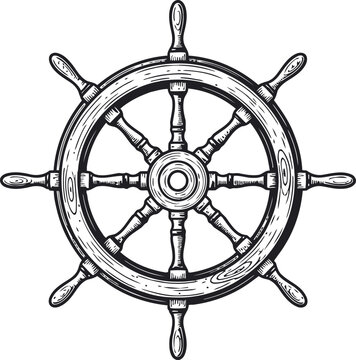 Antique wooden ship's steering wheel in a vintage sketch style for nautical themes