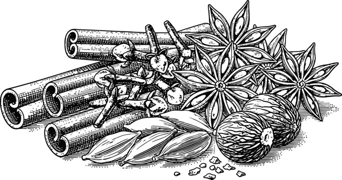 Aromatic spice blend with star anise cinnamon and cloves in detailed engraving style