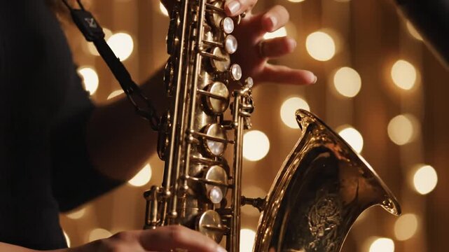 Dynamic jazz saxophone performance capturing expressive playing with warm lighting