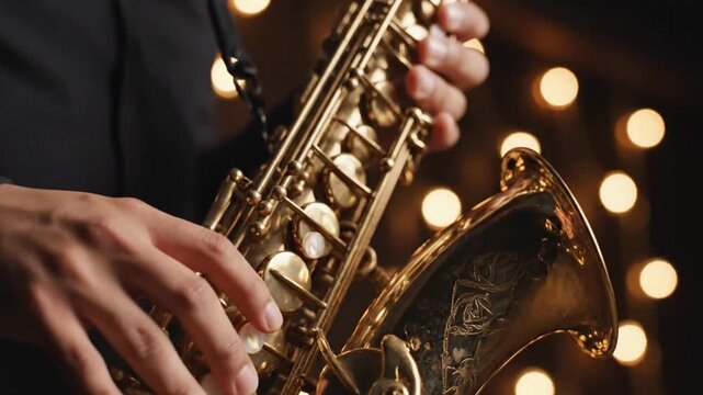 Close-up of a saxophone player?s hands with blurred warm lights in the background capturing a jazz performance