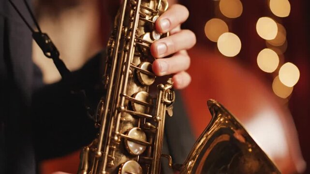 Close-up of a jazz saxophonist playing a gold saxophone under warm lighting with blurry bokeh background capturing a lively
