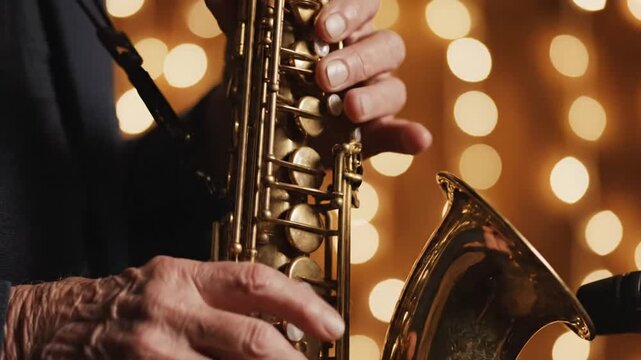 Close-up of elderly musician's hands playing a vintage saxophone against warm festive lighting