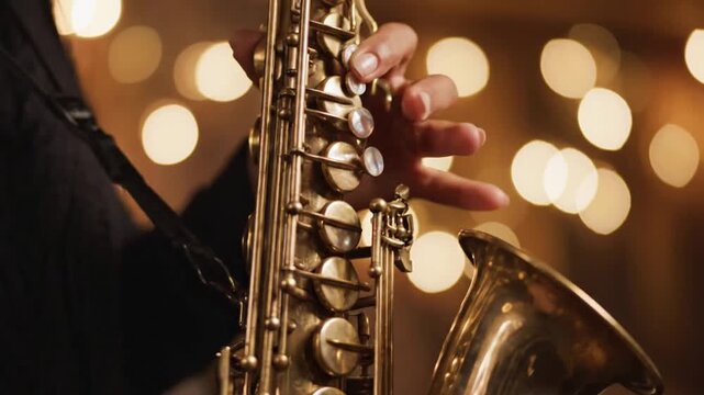 Close-up of a musician's hands playing a brass saxophone with warm bokeh background capturing musical artistry