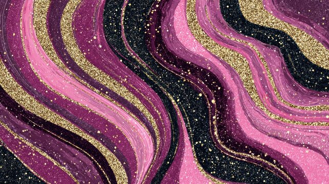 Abstract flowing waves feature striking magenta, deep purple, black, and shimmering gold glitter textures.