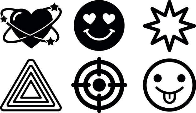 Black and white heart orbit star and smiley face emojis vector icons