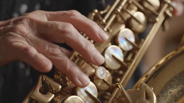 Close-up of an elderly person's hands playing a saxophone highlighting detailed craftsmanship and musical expression