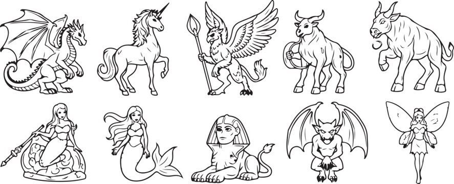 Sketch art featuring mythical horses and figures in various poses Vector