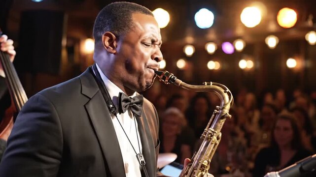 Soulful jazz saxophone performance by a skilled musician in a vibrant concert setting during an evening event