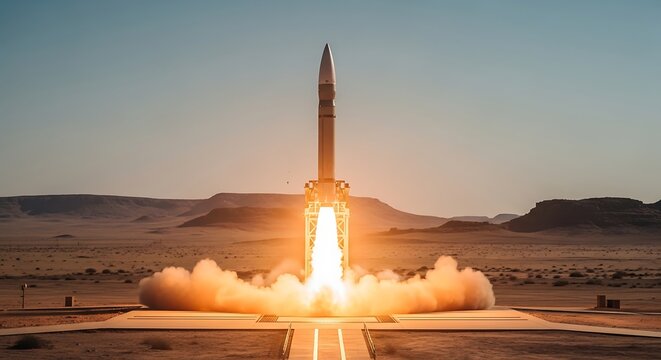 Powerful rocket launching into a clear sky from a desert launchpad with bright orange exhaust flames and smoke.