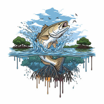 Speckled trout jumping out of water with mangrove scenery