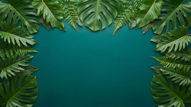 Tropical green leaves on teal background, jungle foliage border