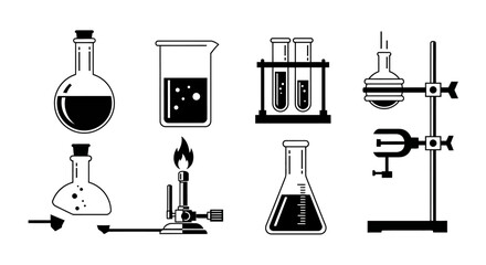 Chemistry Lab Equipment Icons: Beaker, Flasks, Burner, Test Tubes, Stand © salep