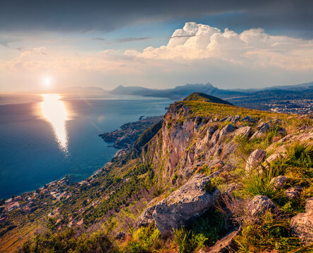 Fantastic morning view of national park Orientata Pizzo Cane and Bagheria town on background, Pizzo Trigna e Grotta Mazzamuto location. Nice summer sunrise on Sicily, Italy. 