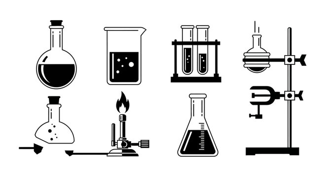 Chemistry Lab Equipment Icons: Beaker, Flasks, Burner, Test Tubes, Stand