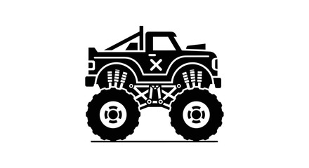Black monster truck icon with large tires and suspension, isolated on white background © salep