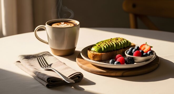Hot coffee served with delicious breakfast plate