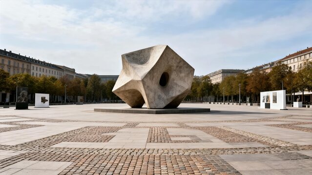 Public art plaza with abstract sculpture, contemporary cultural space
