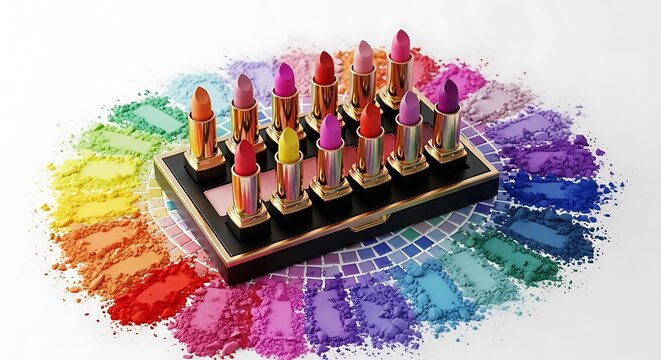 Vibrant lipsticks on a colorful makeup palette with rainbow hues