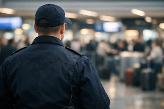 Rear view of security officer monitoring busy airport terminal, representing safety, surveillance, travel security, crowd control and law enforcement presence in modern transportation hub