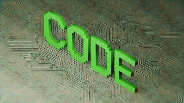 text saying code animated on a CPU background, coding, programming