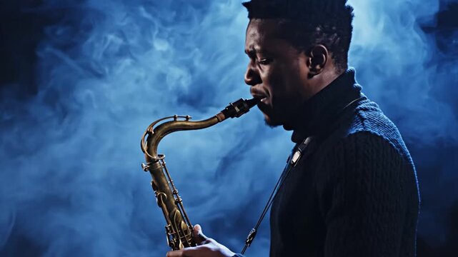 A skilled saxophonist passionately playing jazz music amidst swirling blue smoke creates soulful melodies and mesmerizing visuals
